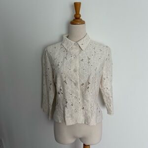 Cabi Womens Button Down Top Medium White Ivory Portrait Lace Eyelet Floral